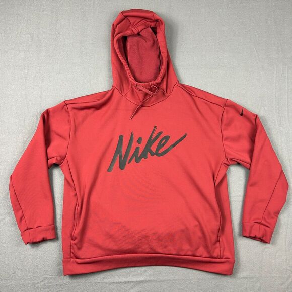 Nike Hoodie Womens Medium Red Script Therma Black Logo Sweatshirt Pullover - Picture 1 of 7